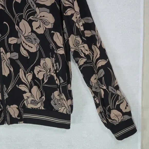 Porter & Ash Floral Bomber Jacket Black Tan Hibiscus FullZip Inner Pockets Large - Picture 3 of 14